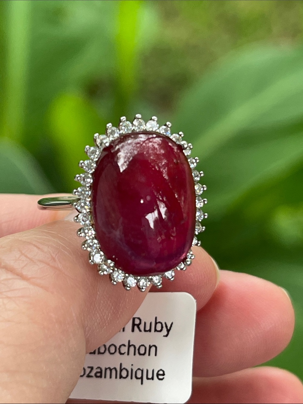 Natural Mozambique Ruby Cabochon Halo Ring in Deep Red - Unbranded 925 silver